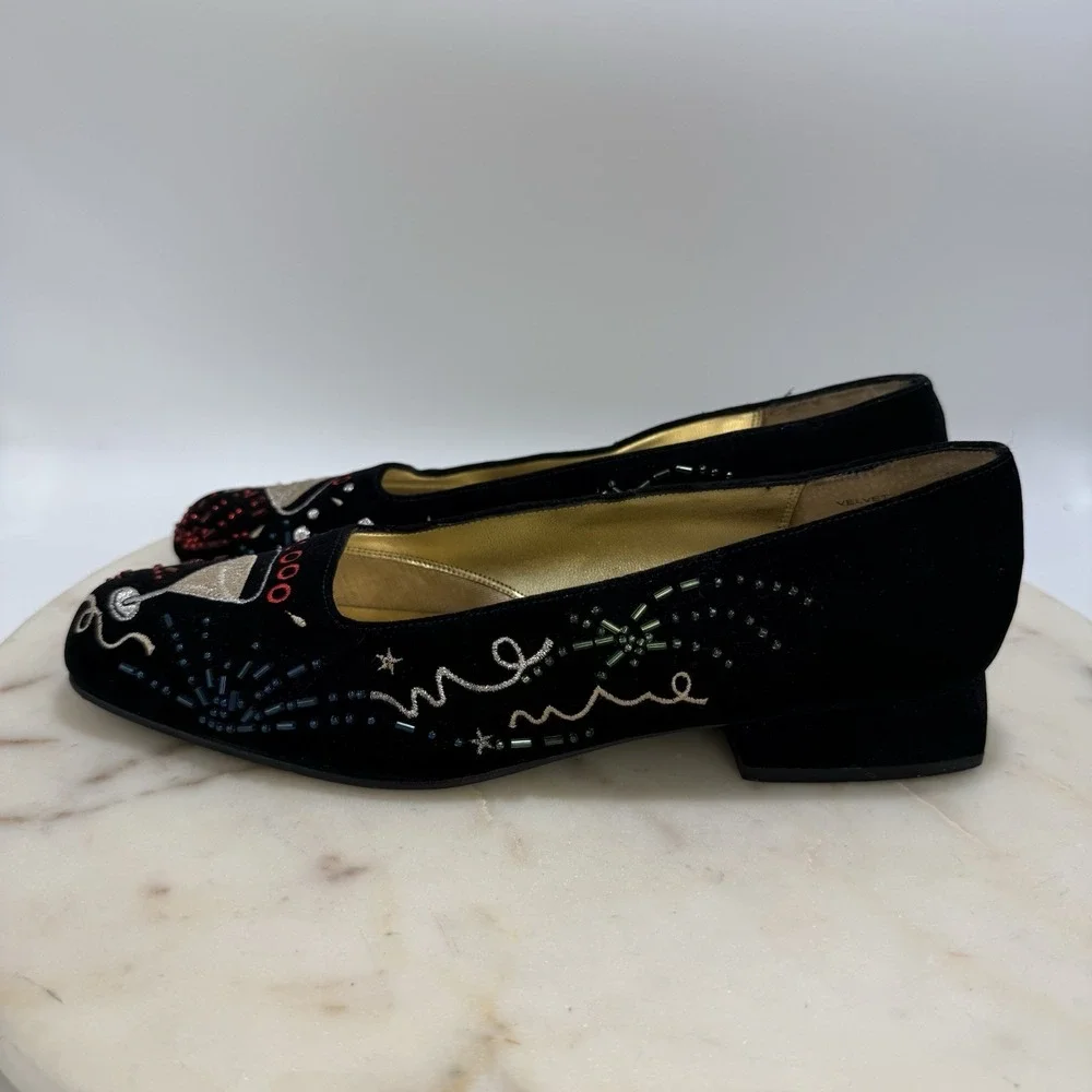 Vintage Y2K New Year 2000 Beaded Velvet Leather Sole Block Pumps Black 6.5M